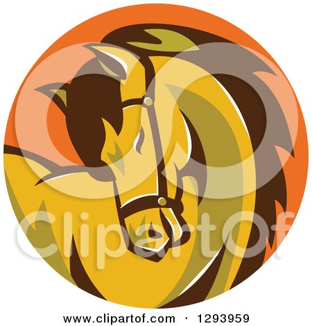 Clipart of a Retro Horse Curling Its Neck in an Orange Circle - Royalty Free Vector Illustration by patrimonio