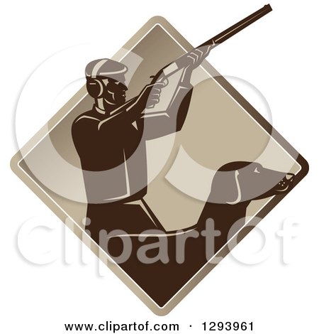 Clipart of a Retro Male Hunter Shooting a Rifle and His Retriever Dog Emerging from a Brown Diamond - Royalty Free Vector Illustration by patrimonio