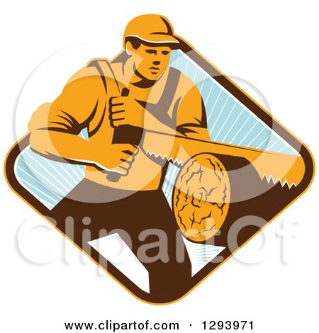 Clipart of a Retro Lumberjack Logger Man Using a Crosscut Saw in a Yellow Brown White and Blue Sunny Diamond - Royalty Free Vector Illustration by patrimonio