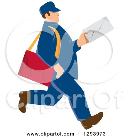 Clipart of a Retro Blue Mailman Holding an Envelope and Walking - Royalty Free Vector Illustration by patrimonio