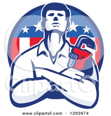 Clipart of a Retro Male Plumber with Folded Arms and a Monkey Wrench Emerging from an American Circle - Royalty Free Vector Illustration by patrimonio