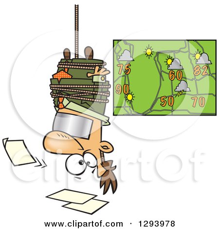 Clipart of a Cartoon News Forecaster White Man Hanging Upside down over a Bad Weather Chart - Royalty Free Vector Illustration by toonaday