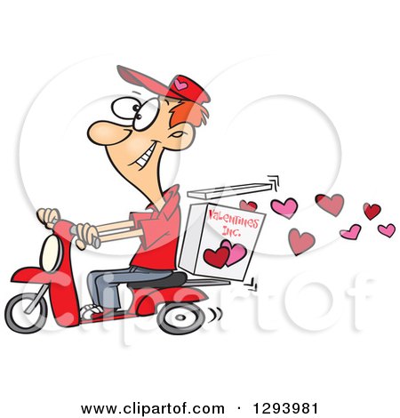 Clipart of a Cartoon Happy Young White Male Valentine Hearts Delivery Man on a Scooter - Royalty Free Vector Illustration by toonaday