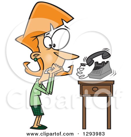 Clipart of a Cartoon Red Haired White Woman with Phonephobia, Shaking by a Ringing Telephone - Royalty Free Vector Illustration by toonaday
