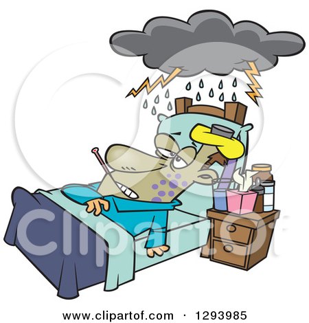 Clipart of a Cartoon Really Sick Man Resting in Bed, with a Cloud over Him - Royalty Free Vector Illustration by toonaday