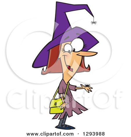 Clipart of a Cartoon Happy Brunette White Female Witch with Pet Spiders - Royalty Free Vector Illustration by toonaday