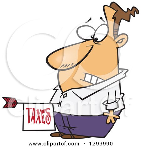 Clipart of a Cartoon Disturbed White Man with a Taxes Arrow in His Belly - Royalty Free Vector Illustration by toonaday