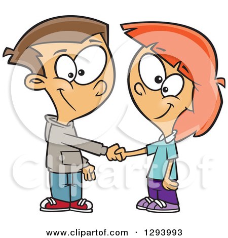 Clipart of a Cartoon Happy White Boy and Girl Shaking Hands on a Deal or Friendship - Royalty Free Vector Illustration by toonaday