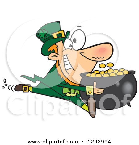 Clipart of a Cartoon Happy Leprechaun Sprinting with His Pot of Gold Coins - Royalty Free Vector Illustration by toonaday