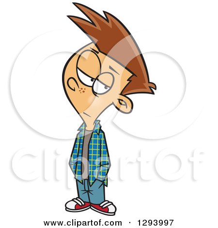 Clipart of a Cartoon Brunette White Boy Ignoring Something - Royalty Free Vector Illustration by toonaday
