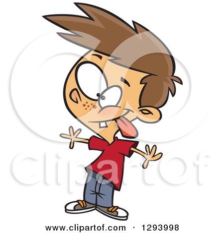 Clipart of a Cartoon Brunette White Boy Making a Funny Face on Insanity Day - Royalty Free Vector Illustration by toonaday
