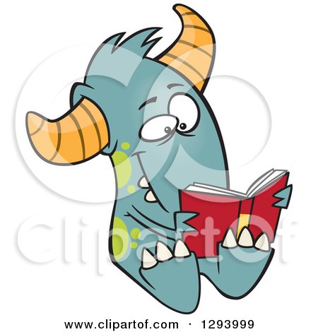 Clipart of a Cartoon Happy Turquoise Monster Reading a Book - Royalty Free Vector Illustration by toonaday