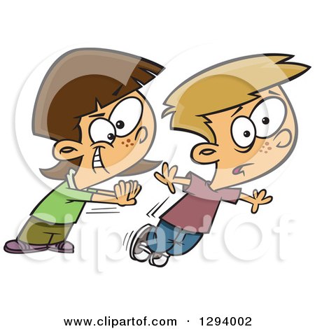 Clipart of a Cartoon Mean White Girl Bullying and Shoving a Boy - Royalty Free Vector Illustration by toonaday