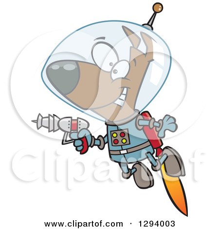 Clipart of a Cartoon Happy Brown Space Dog Flying with a Jet Pack and Holding a Ray Gun - Royalty Free Vector Illustration by toonaday