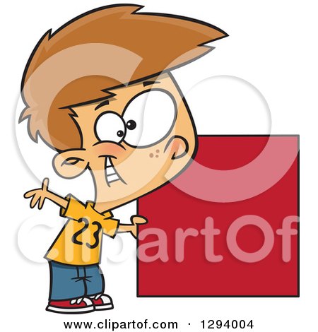 Clipart of a Cartoon Happy White Boy Holding a Red Square or Blank Sign - Royalty Free Vector Illustration by toonaday