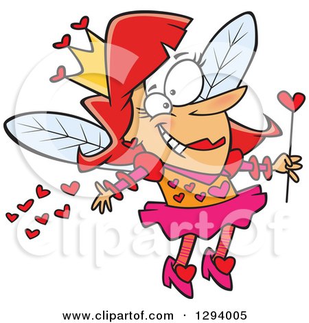 Clipart of a Cartoon Happy Red Haired White Female Valentine Fairy Spreading Love - Royalty Free Vector Illustration by toonaday