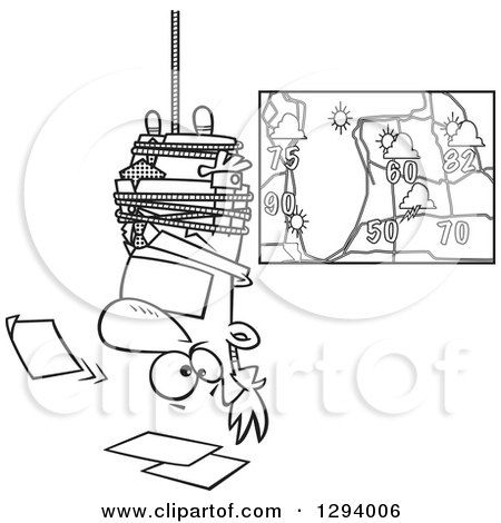 Lineart Clipart of a Black and White Cartoon News Forecaster Man Hanging Upside down over a Bad Weather Chart - Royalty Free Outline Vector Illustration by toonaday