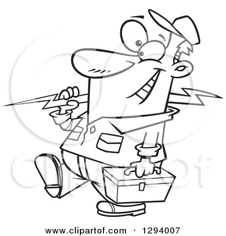 Lineart Clipart of a Black and White Cartoon Happy Male Electrician Walking with a Bolt and Tool Box - Royalty Free Outline Vector Illustration by toonaday