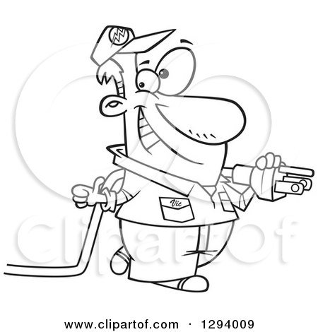 Lineart Clipart of a Black and White Cartoon Happy Male Electrician Walking with a Power Cord and Giving a Thumb up - Royalty Free Outline Vector Illustration by toonaday
