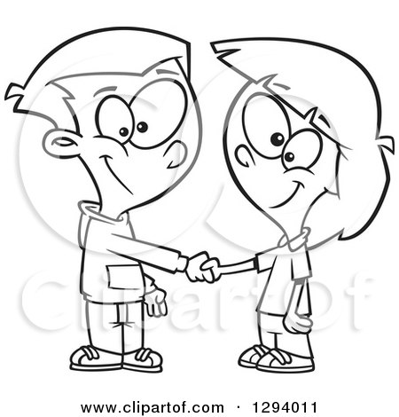 Lineart Clipart of a Black and White Cartoon Happy Boy and Girl Shaking Hands on a Deal or Friendship - Royalty Free Outline Vector Illustration by toonaday