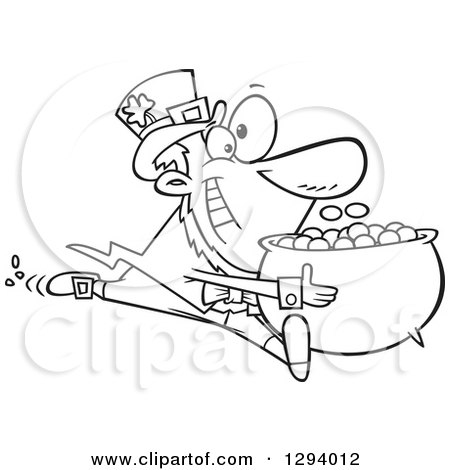 Lineart Clipart of a Black and White Cartoon Happy Leprechaun Sprinting with His Pot of Gold Coins - Royalty Free Outline Vector Illustration by toonaday