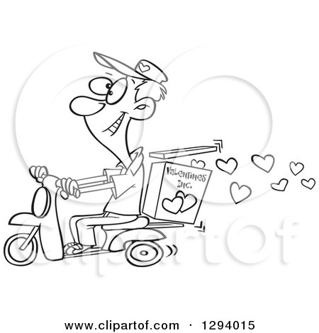 Lineart Clipart of a Black and White Cartoon Happy Young Male Valentine Hearts Delivery Man on a Scooter - Royalty Free Outline Vector Illustration by toonaday