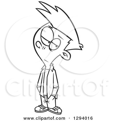 Lineart Clipart of a Black and White Cartoon Boy Ignoring Something - Royalty Free Outline Vector Illustration by toonaday