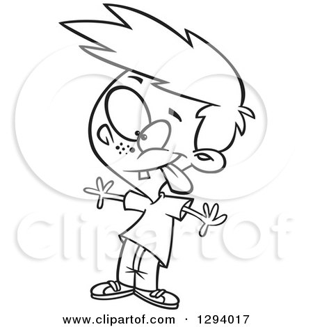 Lineart Clipart of a Black and White Cartoon Boy Making a Funny Face on Insanity Day - Royalty Free Outline Vector Illustration by toonaday