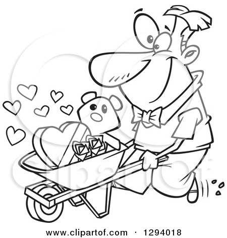 Lineart Clipart of a Black and White Cartoon Happy Man Pushing a Valentines Day Teddy Bear Roses and Candy in a Wheelbarrow - Royalty Free Outline Vector Illustration by toonaday