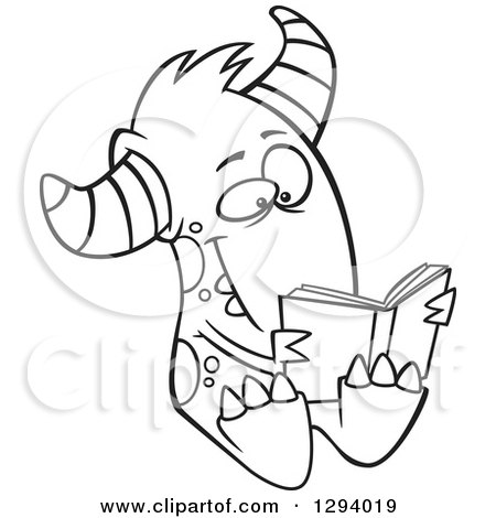 Lineart Clipart of a Black and White Cartoon Happy Monster Reading a Book - Royalty Free Outline Vector Illustration by toonaday