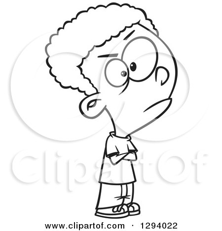Lineart Clipart of a Black and White Cartoon Casual Angry Boy Pouting - Royalty Free Outline Vector Illustration by toonaday