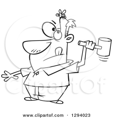 Lineart Clipart of a Black and White Cartoon Man Making a Rash Decision to Smash the Fly on His Head - Royalty Free Outline Vector Illustration by toonaday