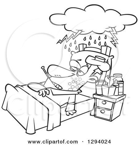 Lineart Clipart of a Black and White Cartoon Really Sick Man Resting in Bed, with a Cloud over Him - Royalty Free Outline Vector Illustration by toonaday