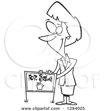 Lineart Clipart of a Black and White Cartoon Pleasant Female Realtor Listing a House for Sale with a Sign - Royalty Free Outline Vector Illustration by toonaday