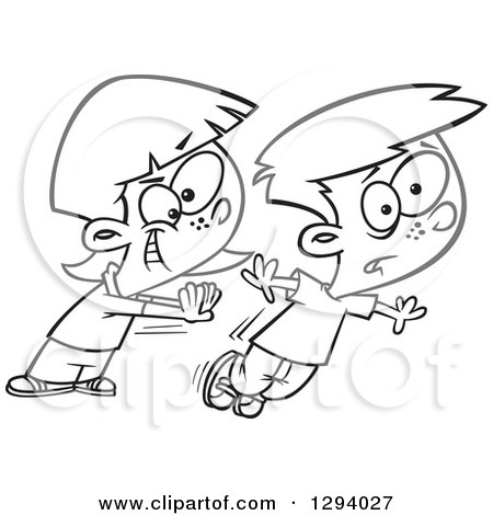 Lineart Clipart of a Black and White Cartoon Mean Girl Bullying and Shoving a Boy - Royalty Free Outline Vector Illustration by toonaday