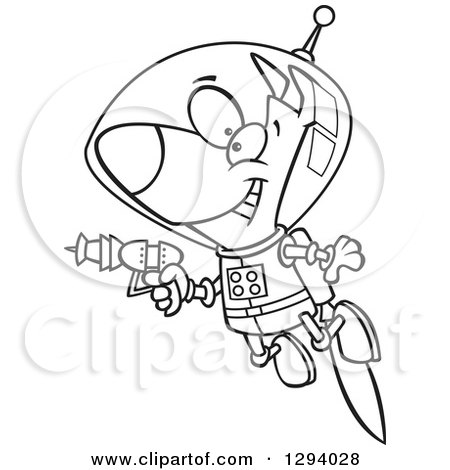 Lineart Clipart of a Black and White Cartoon Happy Space Dog Flying with a Jet Pack and Holding a Ray Gun - Royalty Free Outline Vector Illustration by toonaday