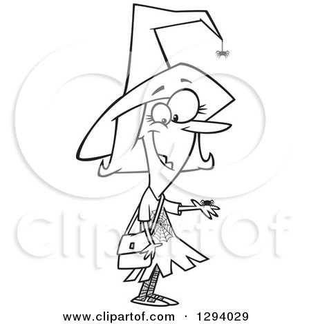Lineart Clipart of a Black and White Cartoon Happy Female Witch with Pet Spiders - Royalty Free Outline Vector Illustration by toonaday