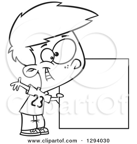 Lineart Clipart of a Black and White Cartoon Happy Boy Holding a Square or Blank Sign - Royalty Free Outline Vector Illustration by toonaday
