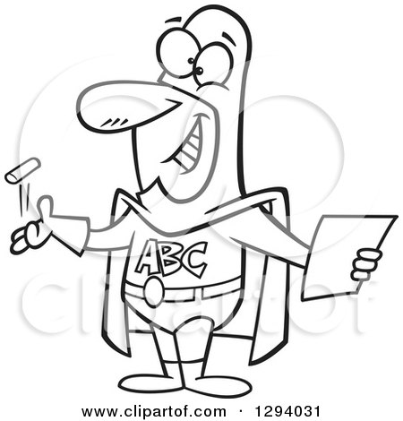 Lineart Clipart of a Black and White Cartoon Happy Male Super Hero Teacher with Paper and Chalk - Royalty Free Outline Vector Illustration by toonaday