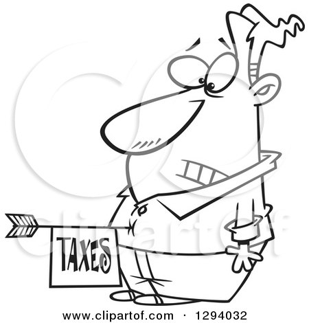 Lineart Clipart of a Black and White Cartoon Disturbed Man with a Taxes Arrow in His Belly - Royalty Free Outline Vector Illustration by toonaday