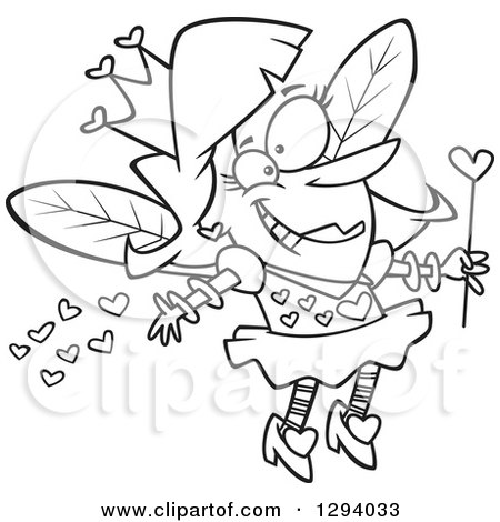 Lineart Clipart of a Black and White Cartoon Happy Female Valentine Fairy Spreading Love - Royalty Free Outline Vector Illustration by toonaday