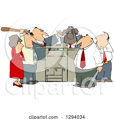 Clipart of a Frustrated Employee Office Mob Gathered Around a Copy Machine or Printer with Baseball Bats - Royalty Free Illustration by djart