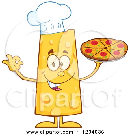 Clipart of a Cartoon Happy Cheese Chef Character Holding up a Pizza - Royalty Free Vector Illustration by Hit Toon