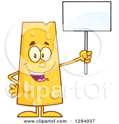 Clipart of a Cartoon Happy Cheese Character Holding up a Blank Sign - Royalty Free Vector Illustration by Hit Toon