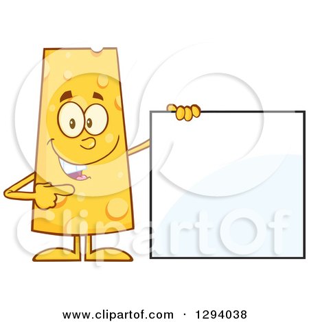 Clipart of a Cartoon Happy Cheese Character Standing by and Pointing to a Blank Sign - Royalty Free Vector Illustration by Hit Toon