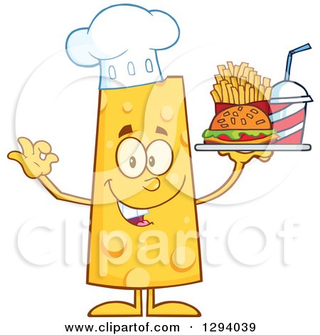 Clipart of a Cartoon Happy Cheese Chef Character Holding up a Tray of Fast Food - Royalty Free Vector Illustration by Hit Toon