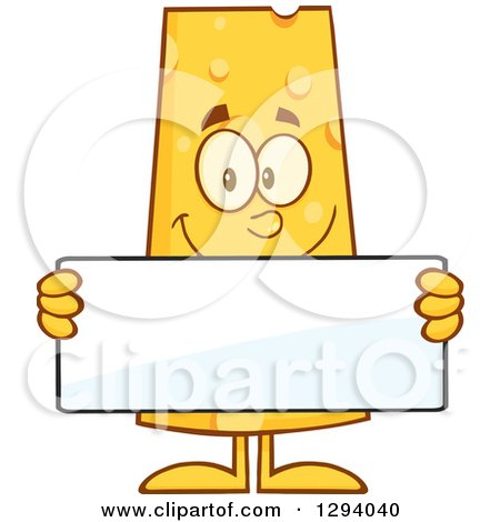 Clipart of a Cartoon Happy Cheese Character Holding a Blank Sign - Royalty Free Vector Illustration by Hit Toon