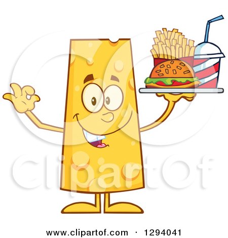 Clipart of a Cartoon Happy Cheese Character Holding a Tray of Fast Food and Gesturing Ok - Royalty Free Vector Illustration by Hit Toon