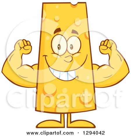 Clipart of a Cartoon Happy Cheese Character Flexing His Arm Muscles - Royalty Free Vector Illustration by Hit Toon