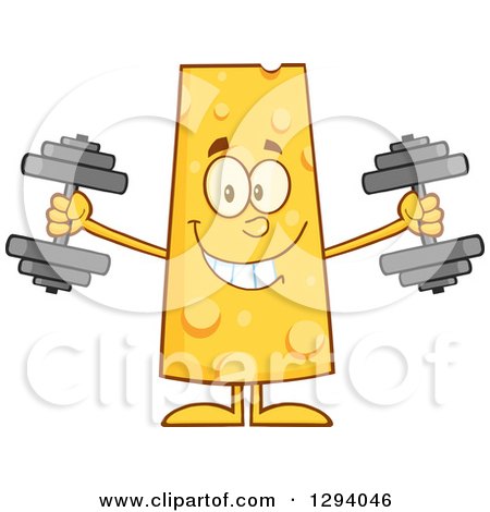 Clipart of a Cartoon Happy Cheese Character Working out with Dumbbells - Royalty Free Vector Illustration by Hit Toon